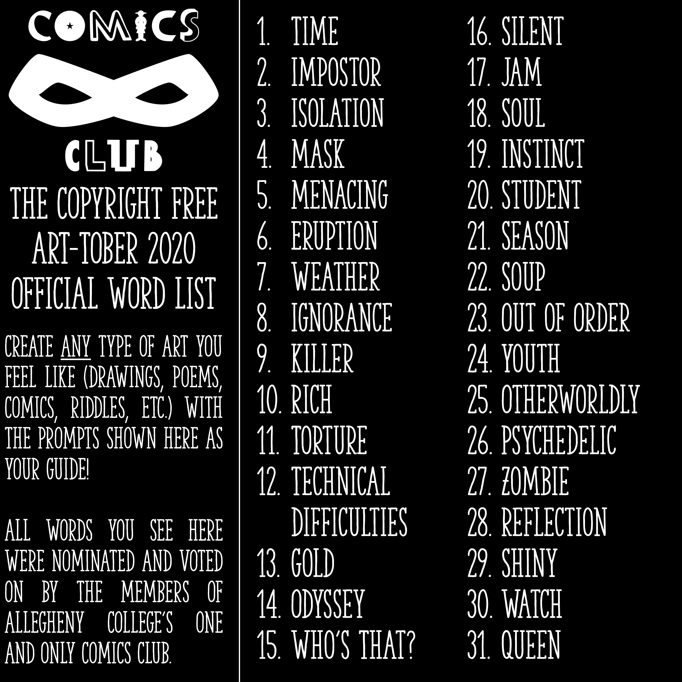 Art-tober 2020 Word List